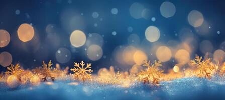 ai gerado acolhedor Natal dourado flocos de neve em a neve fundo com amarelo e azul bokeh matizes. festivo, inspirador papel de parede pano de fundo foto