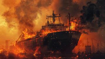 ai gerado fogo dentro a Porto Maritimo queimando enviar, carga enviar. foto