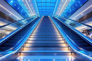 ai gerado elevador escada rolante é comovente Escadaria usava Como transporte entre pavimentos ou níveis construção profissional fotografia foto