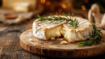 ai gerado suave francês queijo Camembert queijo em madeira fundo . foto