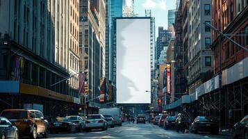 ai gerado uma em branco vertical Painel publicitário imponente acima uma cidade rua, exibindo potencial publicidade conceitos foto