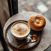 ai gerado uma copo do cappuccino com uma pão foto