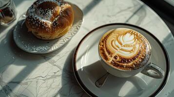 ai gerado uma copo do cappuccino com uma pão foto