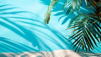 ai gerado ensolarado tropical areia de praia com Palma árvores e azul parede com esvaziar espaço para texto ou produtos apresentação. quente verão vendas conceito. foto