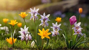 ai gerado Primavera flores em verde grama, inundado com brilhante luz solar, borrado fundo. foto