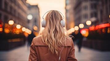 ai gerado música terapia, harmonia, mental saúde conceito. bonita jovem mulher desfrutando música com fones de ouvido ao ar livre. mulher vestindo fones de ouvido desfrutando música e Boa vibrações foto