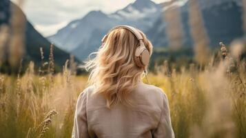 ai gerado música terapia, harmonia, mental saúde conceito. bonita jovem mulher desfrutando música com fones de ouvido ao ar livre. mulher vestindo fones de ouvido desfrutando música e Boa vibrações foto