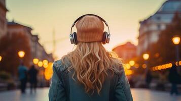 ai gerado música terapia, harmonia, mental saúde conceito. bonita jovem mulher desfrutando música com fones de ouvido ao ar livre. mulher vestindo fones de ouvido desfrutando música e Boa vibrações foto