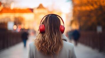 ai gerado música terapia, harmonia, mental saúde conceito. bonita jovem mulher desfrutando música com fones de ouvido ao ar livre. mulher vestindo fones de ouvido desfrutando música e Boa vibrações foto