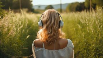 ai gerado música terapia, harmonia, mental saúde conceito. bonita jovem mulher desfrutando música com fones de ouvido ao ar livre. mulher vestindo fones de ouvido desfrutando música e Boa vibrações foto