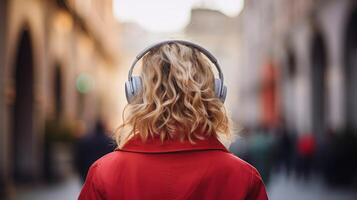 ai gerado música terapia, harmonia, mental saúde conceito. bonita jovem mulher desfrutando música com fones de ouvido ao ar livre. mulher vestindo fones de ouvido desfrutando música e Boa vibrações foto