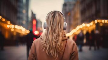 ai gerado música terapia, harmonia, mental saúde conceito. bonita jovem mulher desfrutando música com fones de ouvido ao ar livre. mulher vestindo fones de ouvido desfrutando música e Boa vibrações foto