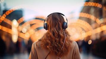 ai gerado música terapia, harmonia, mental saúde conceito. bonita jovem mulher desfrutando música com fones de ouvido ao ar livre. mulher vestindo fones de ouvido desfrutando música e Boa vibrações foto