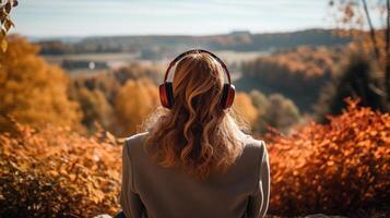 ai gerado música terapia, harmonia, mental saúde conceito. bonita jovem mulher desfrutando música com fones de ouvido ao ar livre. mulher vestindo fones de ouvido desfrutando música e Boa vibrações foto