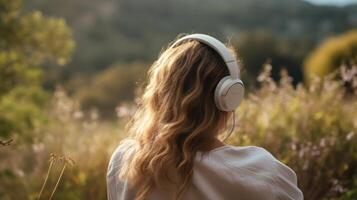 ai gerado música terapia, harmonia, mental saúde conceito. bonita jovem mulher desfrutando música com fones de ouvido ao ar livre. mulher vestindo fones de ouvido desfrutando música e Boa vibrações foto