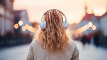 ai gerado música terapia, harmonia, mental saúde conceito. bonita jovem mulher desfrutando música com fones de ouvido ao ar livre. mulher vestindo fones de ouvido desfrutando música e Boa vibrações foto