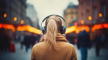 ai gerado música terapia, harmonia, mental saúde conceito. bonita jovem mulher desfrutando música com fones de ouvido ao ar livre. mulher vestindo fones de ouvido desfrutando música e Boa vibrações foto