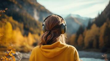 ai gerado música terapia, harmonia, mental saúde conceito. bonita jovem mulher desfrutando música com fones de ouvido ao ar livre. mulher vestindo fones de ouvido desfrutando música e Boa vibrações foto