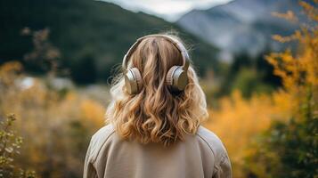 ai gerado música terapia, harmonia, mental saúde conceito. bonita jovem mulher desfrutando música com fones de ouvido ao ar livre. mulher vestindo fones de ouvido desfrutando música e Boa vibrações foto