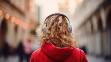 ai gerado música terapia, harmonia, mental saúde conceito. bonita jovem mulher desfrutando música com fones de ouvido ao ar livre. mulher vestindo fones de ouvido desfrutando música e Boa vibrações foto