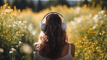 ai gerado música terapia, harmonia, mental saúde conceito. bonita jovem mulher desfrutando música com fones de ouvido ao ar livre. mulher vestindo fones de ouvido desfrutando música e Boa vibrações foto