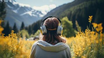 ai gerado música terapia, harmonia, mental saúde conceito. bonita jovem mulher desfrutando música com fones de ouvido ao ar livre. mulher vestindo fones de ouvido desfrutando música e Boa vibrações foto