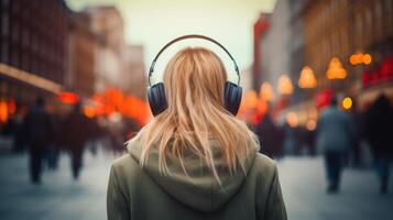 ai gerado música terapia, harmonia, mental saúde conceito. bonita jovem mulher desfrutando música com fones de ouvido ao ar livre. mulher vestindo fones de ouvido desfrutando música e Boa vibrações foto