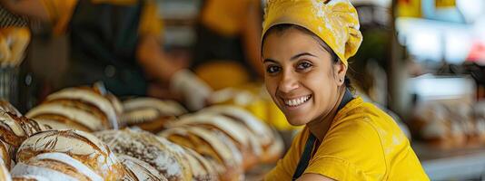 ai gerado uma padeiro dentro uma padaria, ela é cozimento pão com uma sorrir foto