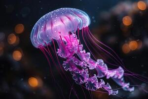 ai gerado a marinho medusa brilha com luminescente contra do a Sombrio mar profissional fotografia foto