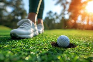 ai gerado golfe orifício e bolas em a verde foto