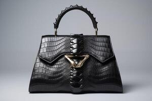 ai gerado sofisticado Preto couro Bolsa com uma crocodilo padronizar e elegante ouro hardware, exibido contra uma branco fundo foto