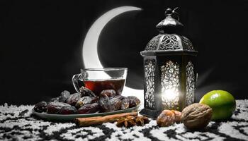 ai gerado tradicional Ramadã e eid lanterna luminária com crescente lua, datas e frutas dentro uma tigela em tapete, gerado ai foto
