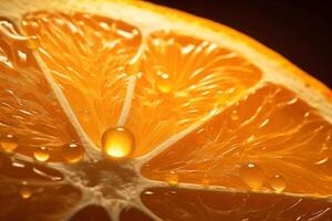 ai gerado fechar-se tiro do uma suculento laranja segmento com brilhante gotas, iluminado de natural luz foto