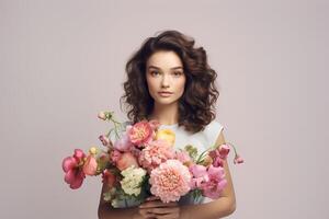 ai gerado elegante morena com gostoso cachos segurando uma ramalhete do florescendo Rosa flores, exalando natural beleza e graça foto