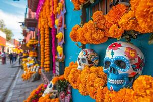 ai gerado uma azul parede adornado com impressionante laranja flores e crânio decorações, criando uma animado e artístico dia do a morto mostrar. foto