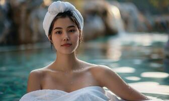 ai gerado retrato do jovem lindo mulher relaxante dentro natação piscina às spa recorrer foto