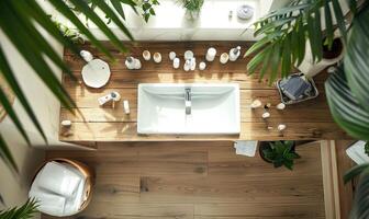 ai gerado topo Visão do moderno banheiro com afundar, artigos de higiene pessoal e verde plantar foto