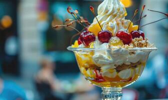 ai gerado sundae coberto com cerejas e açoitado creme, fechar-se visualizar, seletivo foco foto