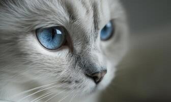 ai gerado fechar acima do uma gato com azul olhos. raso profundidade do campo. foto