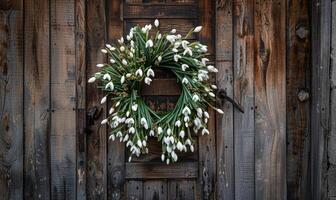 ai gerado snowdrops guirlanda em uma de madeira porta foto