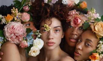 ai gerado retrato do lindo mulheres com Maquiagem e flores dentro cabelo olhando às Câmera foto