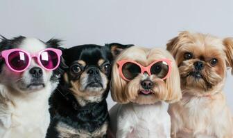 ai gerado grupo do chihuahua cachorros vestindo Rosa oculos de sol em cinzento fundo foto