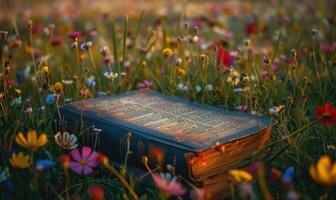 ai gerado velho livro deitado em uma gramíneo colina cercado de flores silvestres foto