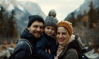ai gerado feliz família com uma criança dentro a montanhas. uma homem e uma mulher com uma criança dentro a montanhas. foto