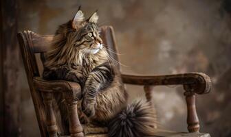 ai gerado maine coon gato empoleirado graciosamente em uma vintage de madeira cadeira foto