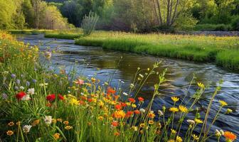 ai gerado flores silvestres florescendo ao longo a margens do uma Meandros Primavera rio foto