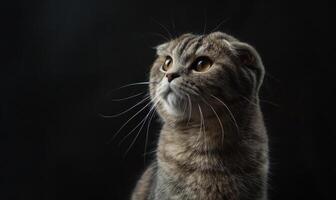 ai gerado retrato do uma escocês dobra gato em uma Preto fundo foto