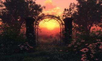 ai gerado lindo arco dentro a jardim às pôr do sol tempo. foto