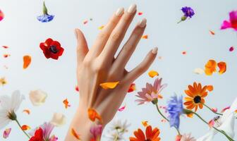 ai gerado fechar-se do uma mulher mão segurando colorida flor pétalas foto