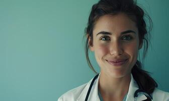 ai gerado retrato do uma sorridente fêmea médico com estetoscópio em azul fundo foto